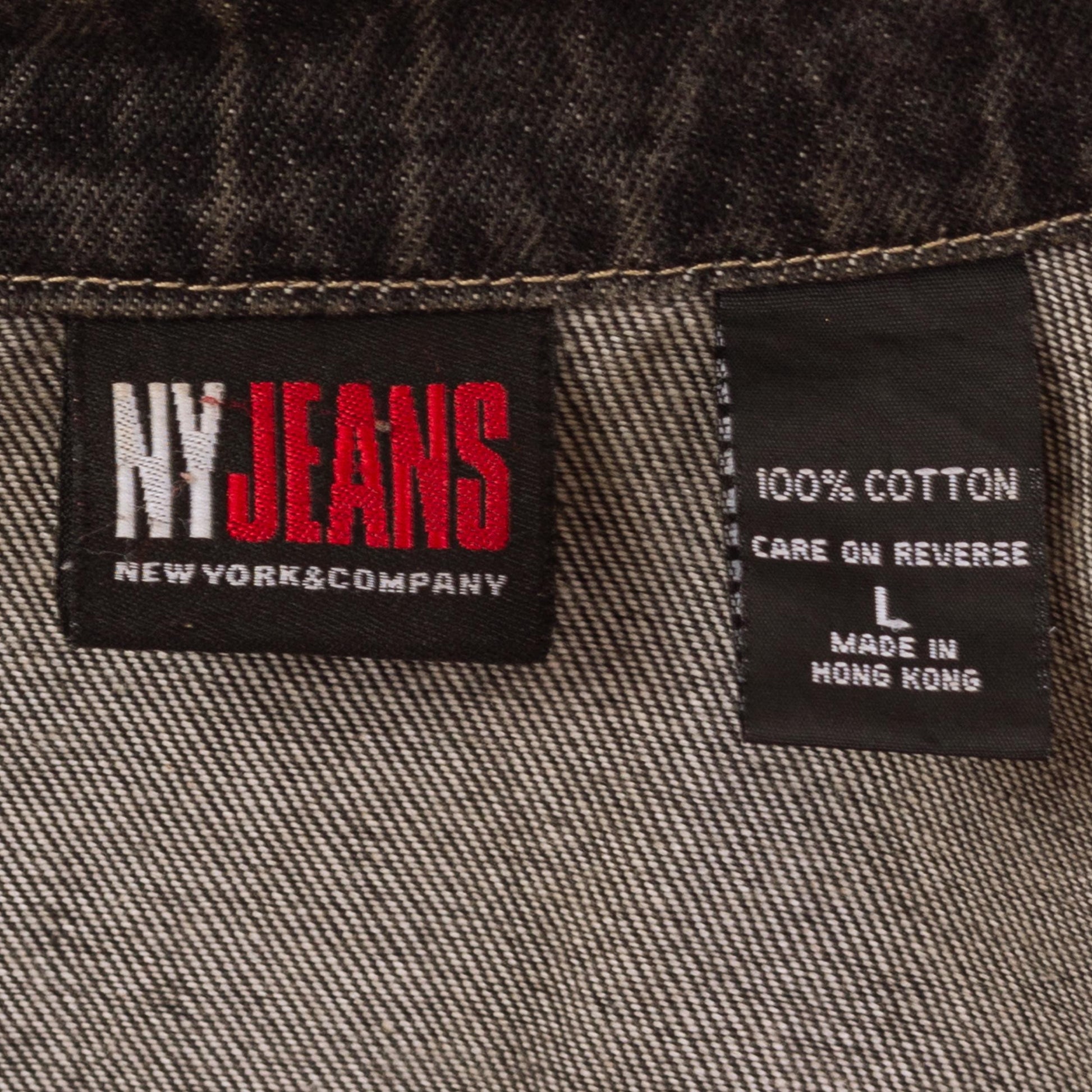 Vintage 90s Faded Black Denim Cafe Racer Jacket - Large | NY Jeans Fitted Zip Up Jean Jacket