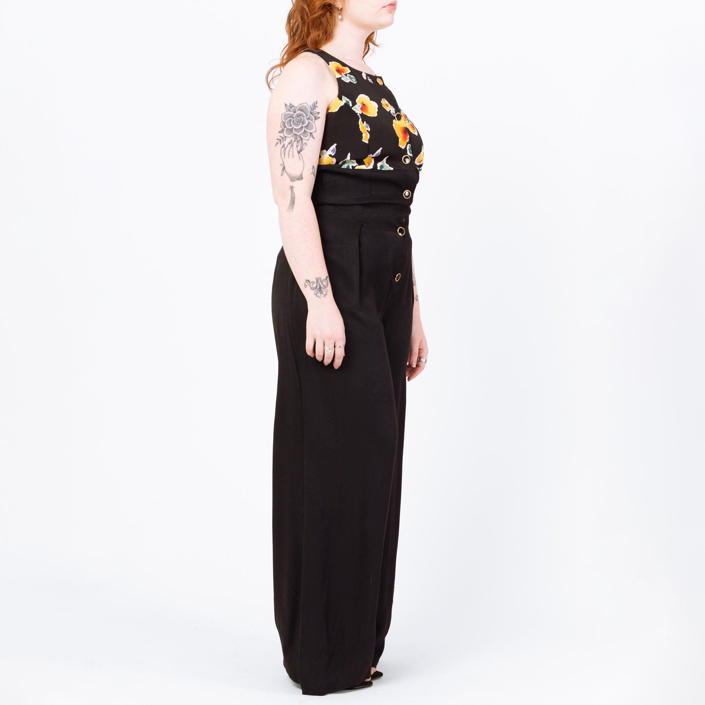 Vintage 90s Black Floral Wide Leg Jumpsuit - Medium | Boho Sleeveless Flared Leg Disco Palazzo Pantsuit