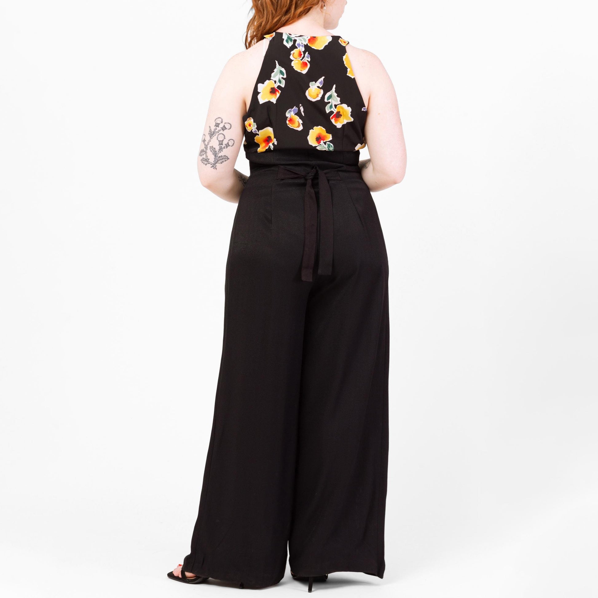 Vintage 90s Black Floral Wide Leg Jumpsuit - Medium | Boho Sleeveless Flared Leg Disco Palazzo Pantsuit