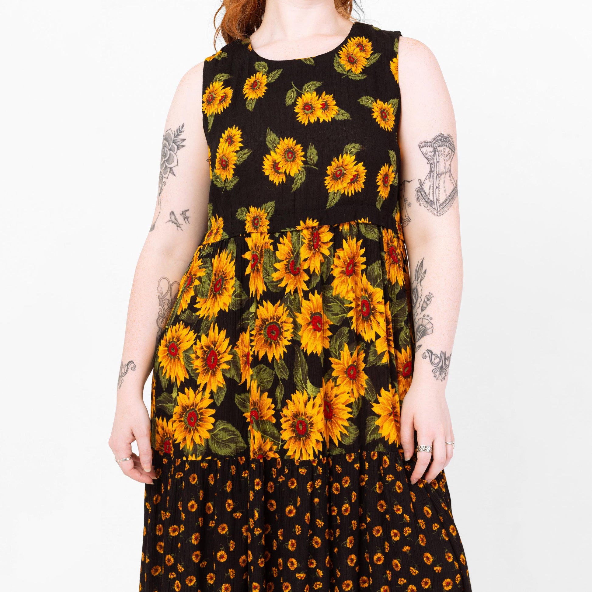 Vintage 90s Black Sunflower Print Maxi Tank Dress - Medium | Sleeveless Floral Grunge Dress, Summer Sundress