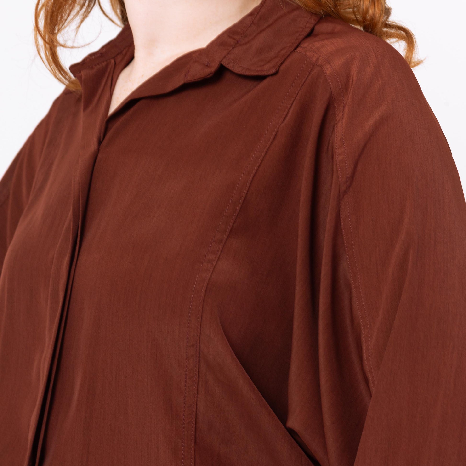Vintage 90s Silky Burnt Sienna Dolman Sleeve Blouse - Large | Minimalist Collared Top, Long Bishop Sleeve Shirt