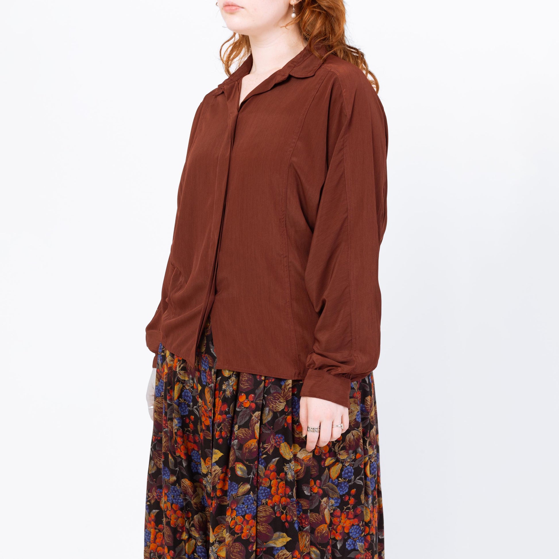 Vintage 90s Silky Burnt Sienna Dolman Sleeve Blouse - Large | Minimalist Collared Top, Long Bishop Sleeve Shirt