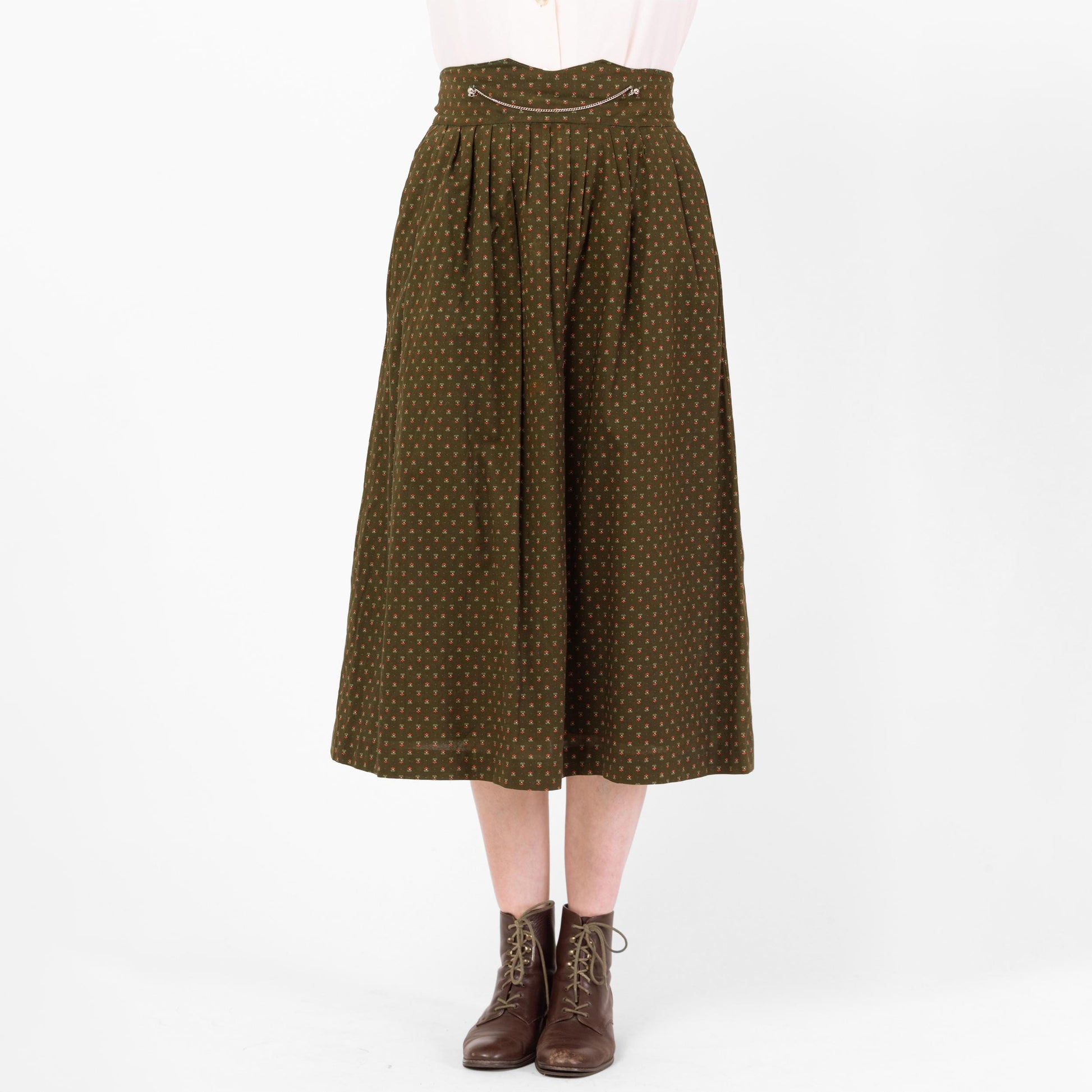 Vintage 70s Green Floral Dirndl Skirt - Medium, 29" Waist | Oktoberfest Austrian Trachten Boho Calico Folk Midi Skirt