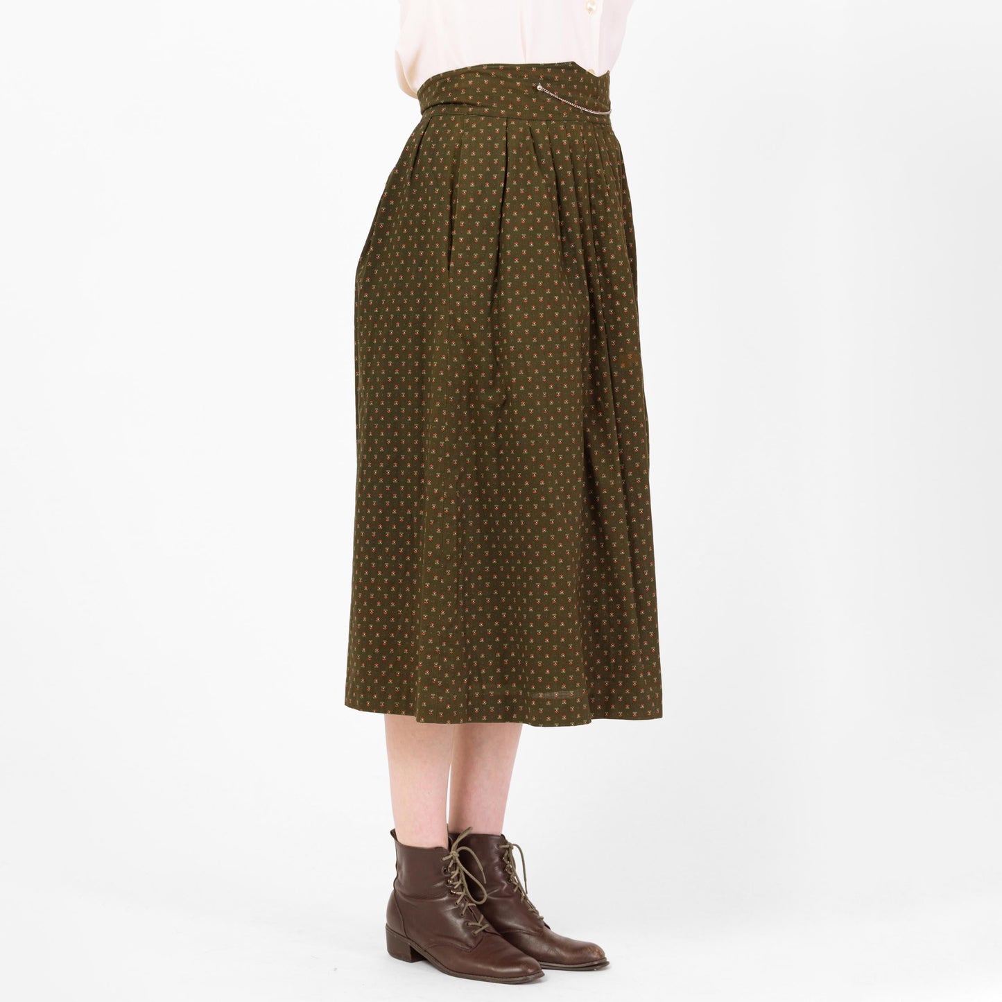 Vintage 70s Green Floral Dirndl Skirt - Medium, 29" Waist | Oktoberfest Austrian Trachten Boho Calico Folk Midi Skirt