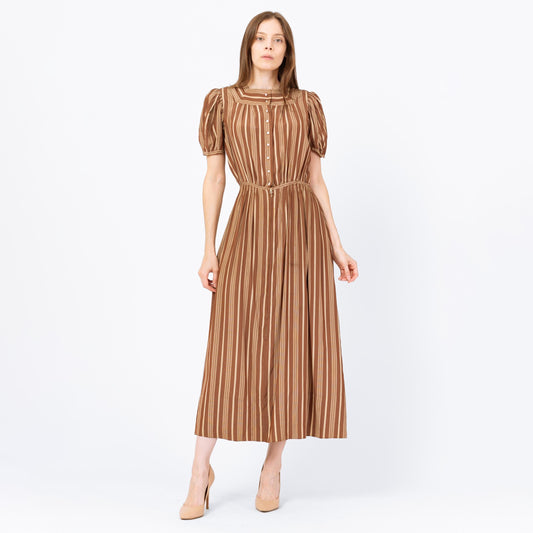 Vintage 1930s Fashion Originators Guild Brown Striped Maxi Day Dress, As Is - Small | 30s FOGA Retro A Line Short Puff Sleeve Shirtdress