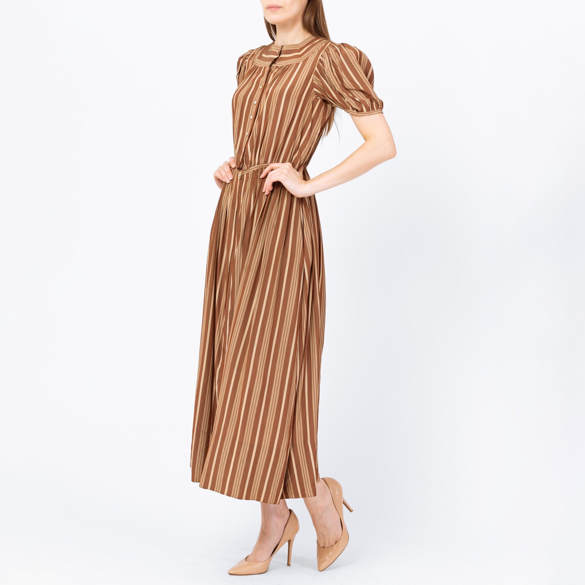 Vintage 1930s Fashion Originators Guild Brown Striped Maxi Day Dress, As Is - Small | 30s FOGA Retro A Line Short Puff Sleeve Shirtdress