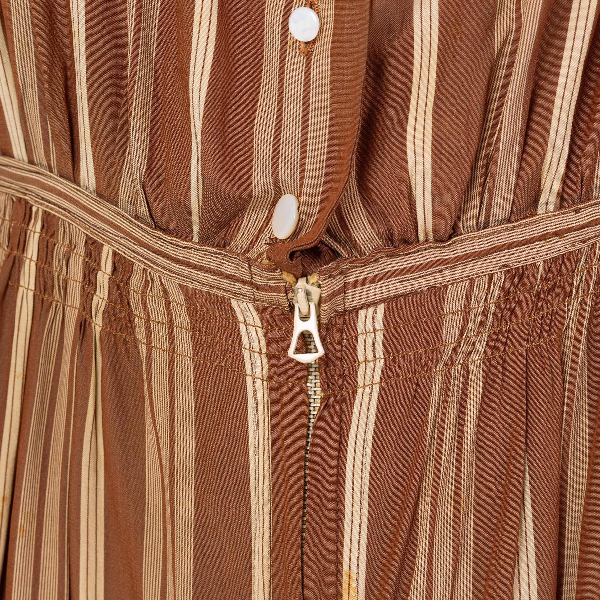 Vintage 1930s Fashion Originators Guild Brown Striped Maxi Day Dress, As Is - Small | 30s FOGA Retro A Line Short Puff Sleeve Shirtdress
