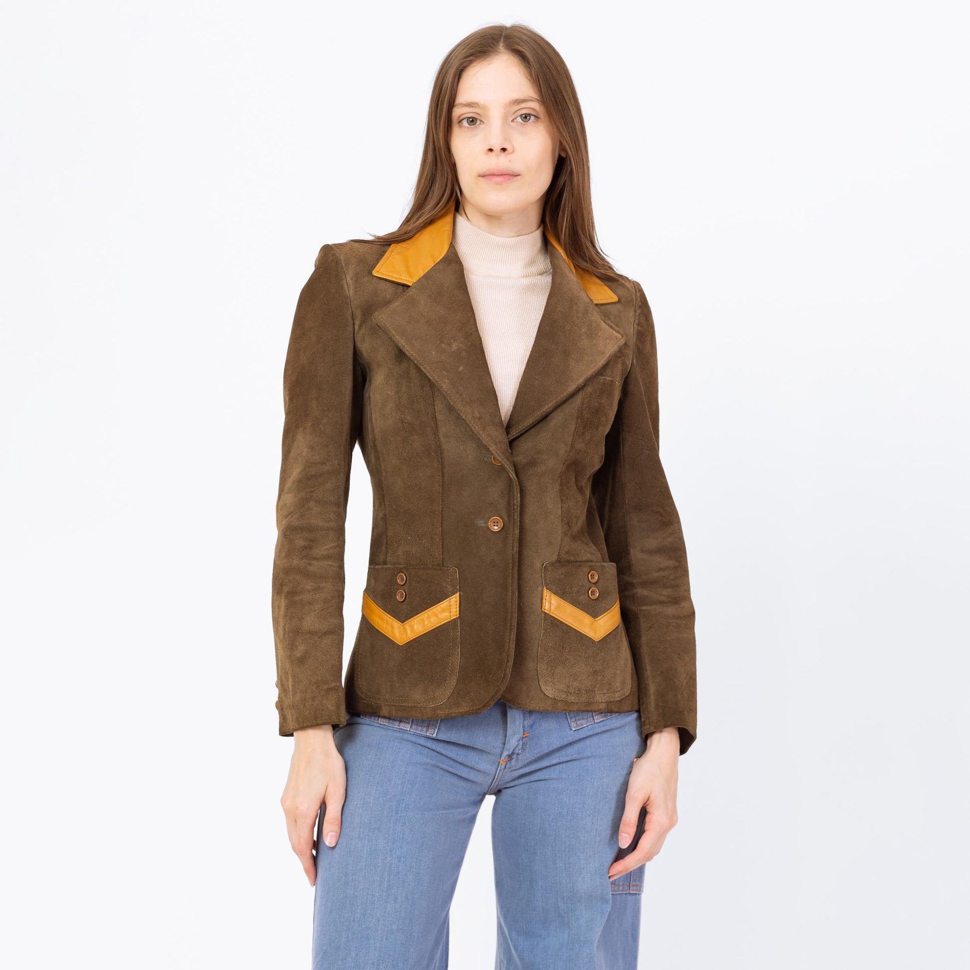 Vintage 70 Western Brown Suede Blazer Jacket - Extra Small | Foxmoor Made In Argentina Button Up Boho Patchwork Leather Jacket