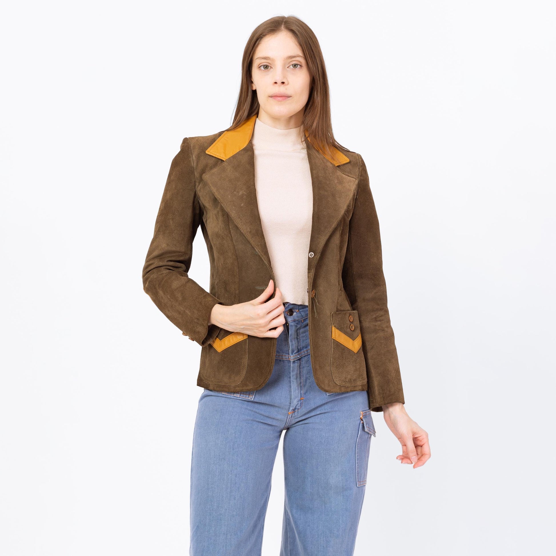 Vintage 70 Western Brown Suede Blazer Jacket - Extra Small | Foxmoor Made In Argentina Button Up Boho Patchwork Leather Jacket