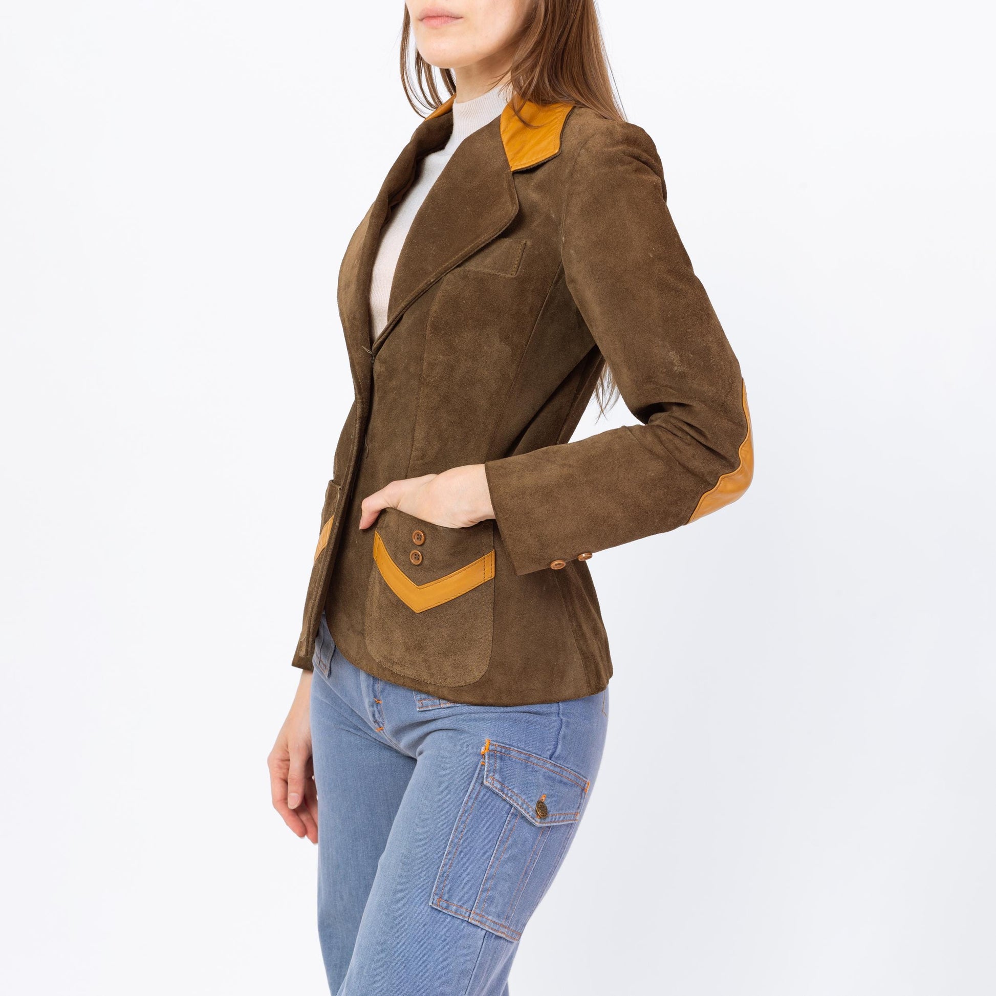 Vintage 70 Western Brown Suede Blazer Jacket - Extra Small | Foxmoor Made In Argentina Button Up Boho Patchwork Leather Jacket