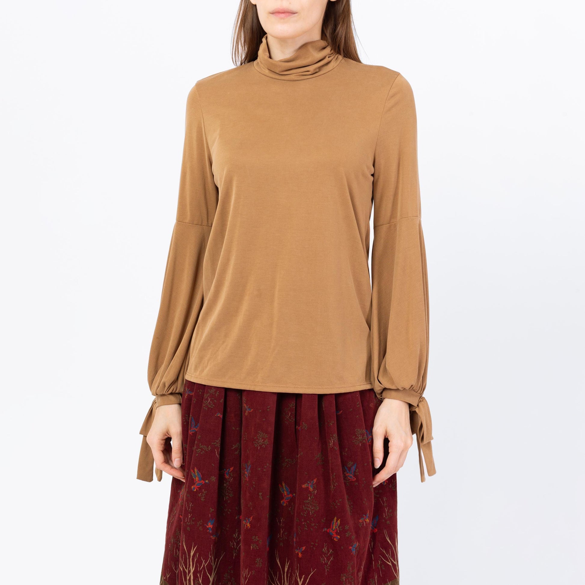 Vintage Y2K Tan Balloon Sleeve Peasant Blouse - Small | Boho Long Sleeve Mockneck Top