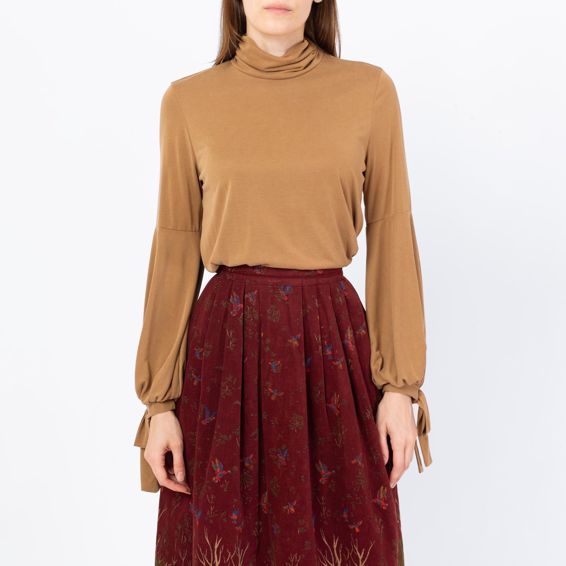 Vintage Y2K Tan Balloon Sleeve Peasant Blouse - Small | Boho Long Sleeve Mockneck Top