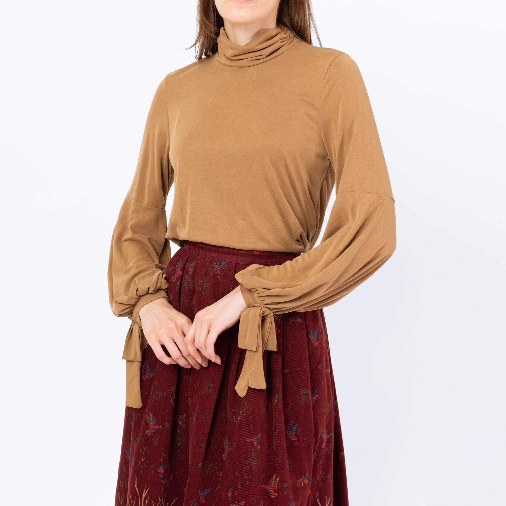 Vintage Y2K Tan Balloon Sleeve Peasant Blouse - Small | Boho Long Sleeve Mockneck Top