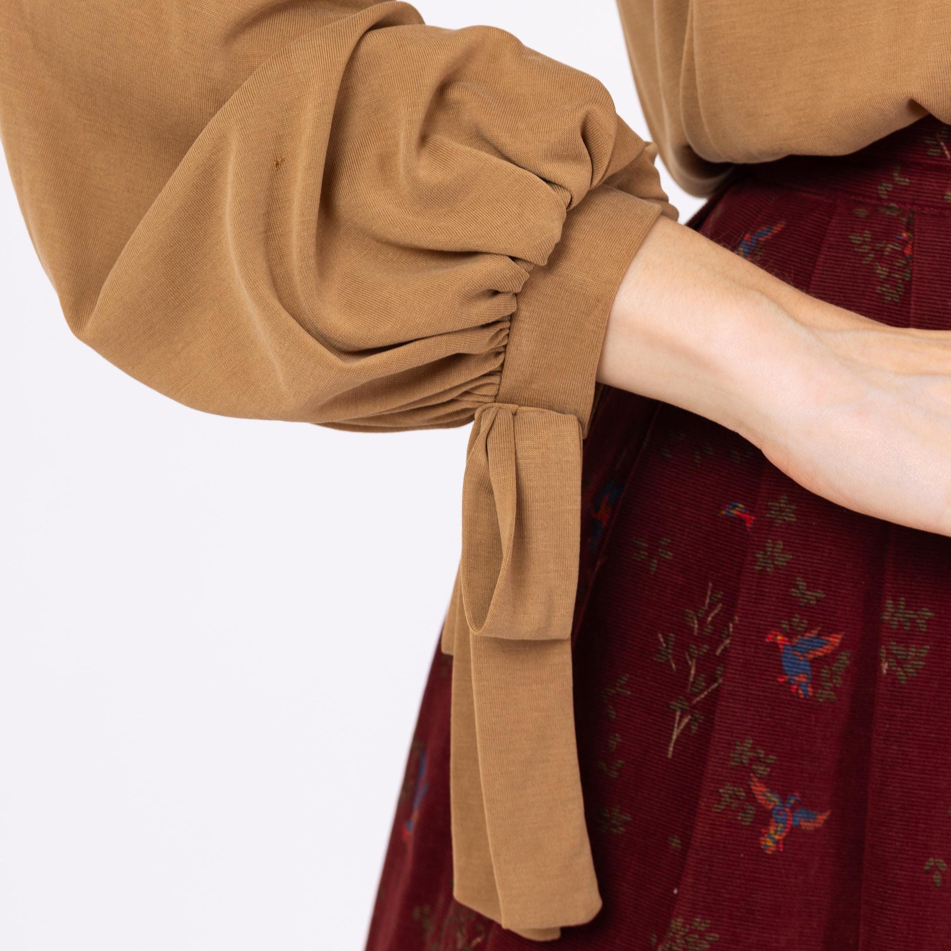 Vintage Y2K Tan Balloon Sleeve Peasant Blouse - Small | Boho Long Sleeve Mockneck Top