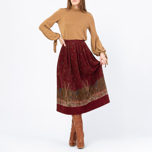 Vintage 80s Duck Hunt Wine Red Corduroy Midi Skirt - Small, 27" Waist | Novelty Print A Line Boho High Waisted Skirt