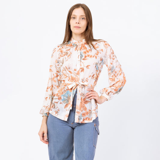 Vintage 70s Watercolor Floral Long Sleeve Belted Blouse - Small | Boho Two Tone Fitted Waist Top
