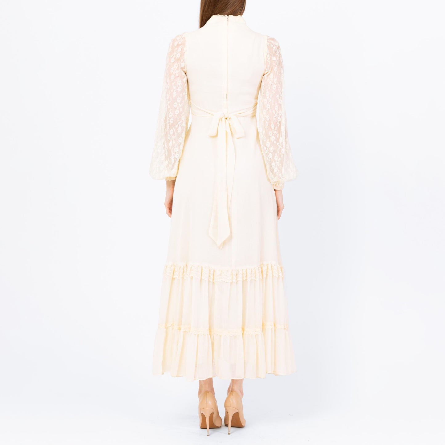 Vintage 70s Gunne Sax Cream Lace Prairie Maxi Dress - Extra Small | Boho Sheer Balloon Sleeve Renaissance Hippie Wedding Gown