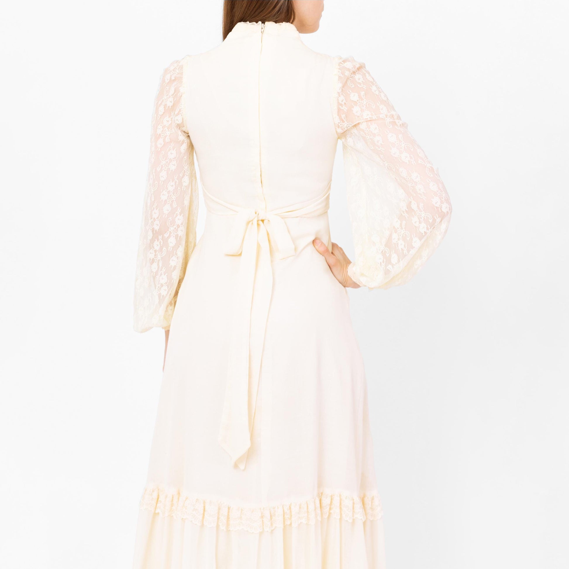 Vintage 70s Gunne Sax Cream Lace Prairie Maxi Dress - Extra Small | Boho Sheer Balloon Sleeve Renaissance Hippie Wedding Gown
