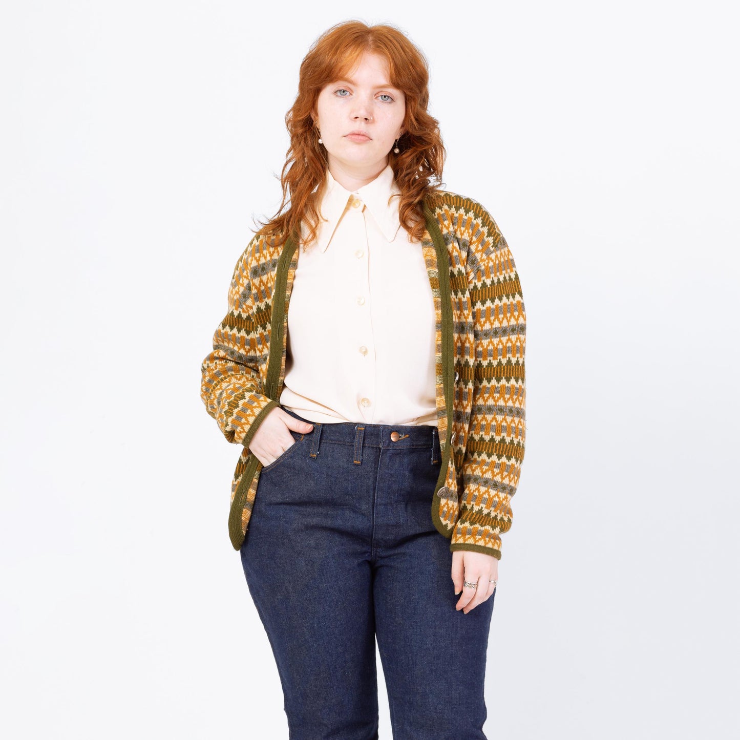 Vintage 60s Aspen Skiwear Fair Isle Cardigan - Medium | Geometric Striped Wool Knit Button Up Sweater