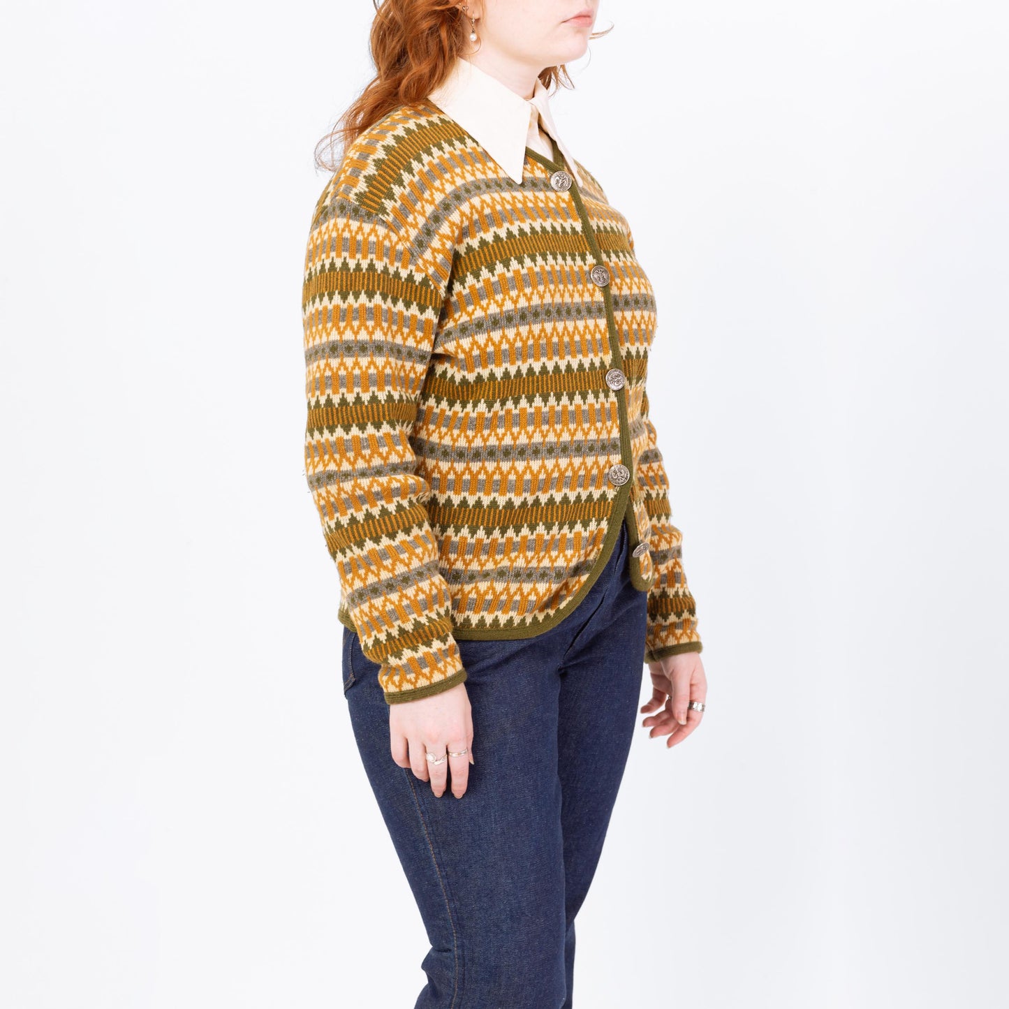 Vintage 60s Aspen Skiwear Fair Isle Cardigan - Medium | Geometric Striped Wool Knit Button Up Sweater