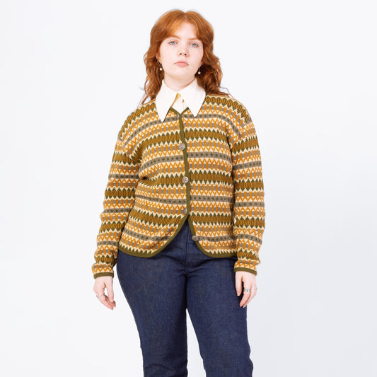 Vintage 60s Aspen Skiwear Fair Isle Cardigan - Medium | Geometric Striped Wool Knit Button Up Sweater
