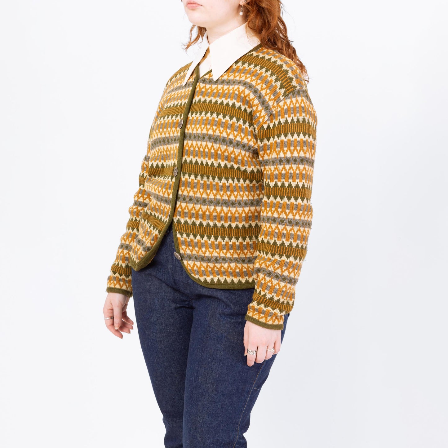 Vintage 60s Aspen Skiwear Fair Isle Cardigan - Medium | Geometric Striped Wool Knit Button Up Sweater