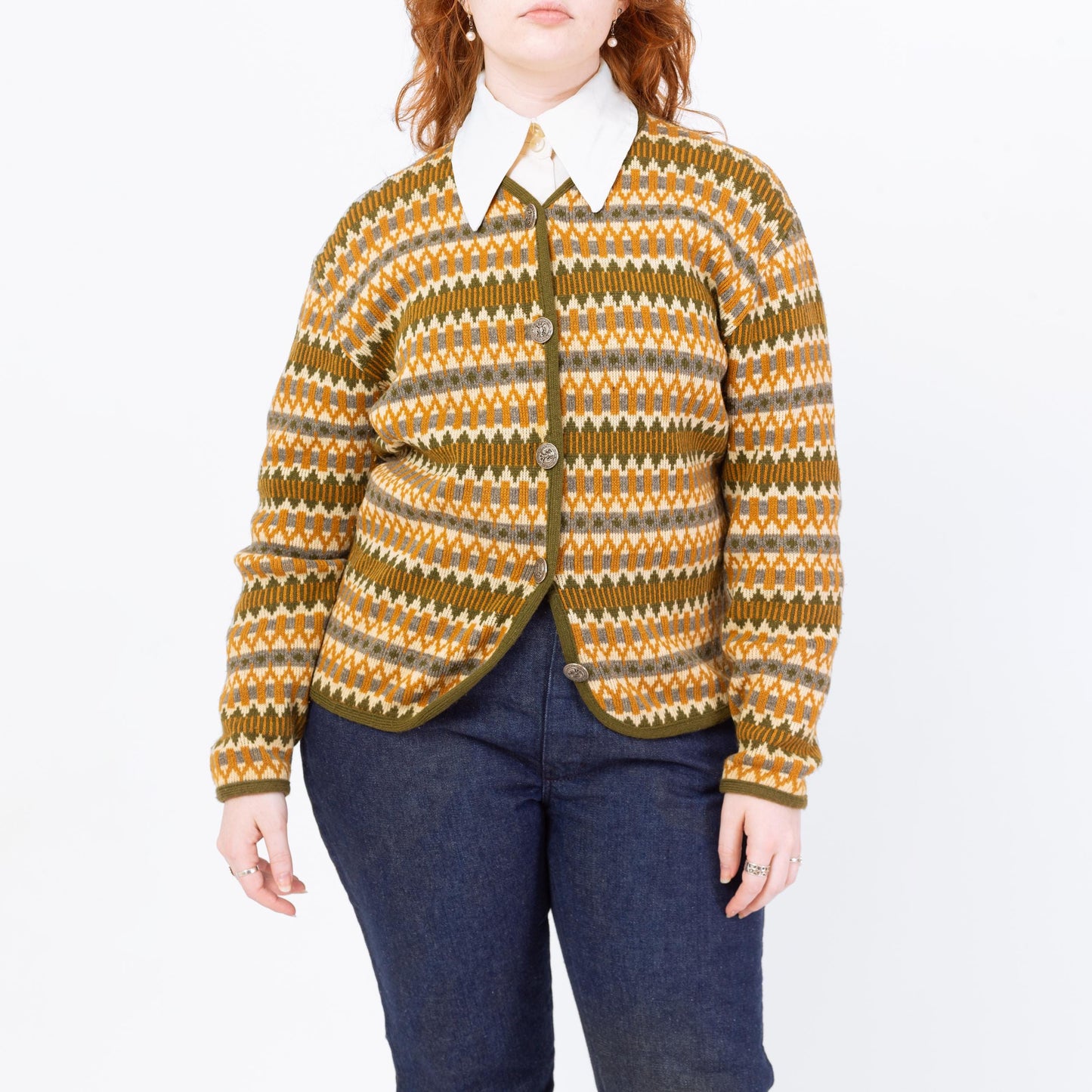 Vintage 60s Aspen Skiwear Fair Isle Cardigan - Medium | Geometric Striped Wool Knit Button Up Sweater