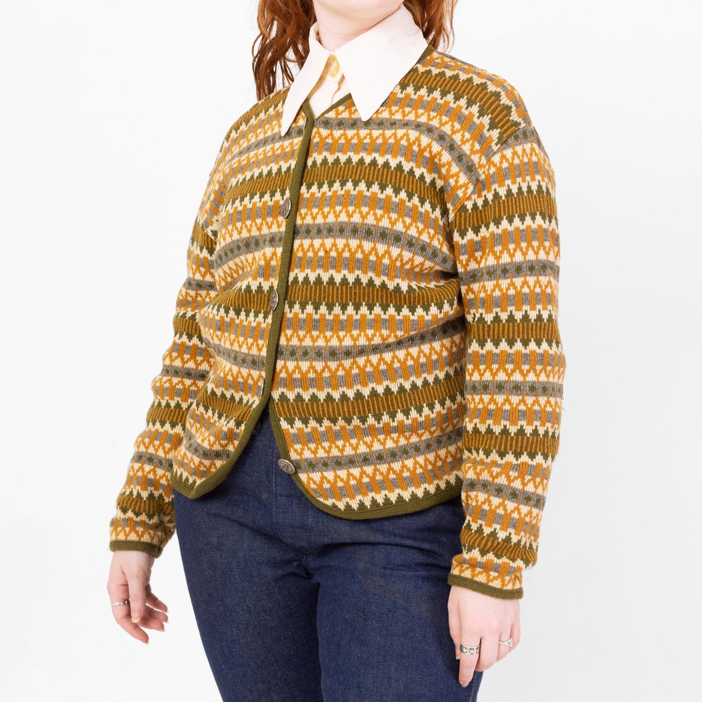 Vintage 60s Aspen Skiwear Fair Isle Cardigan - Medium | Geometric Striped Wool Knit Button Up Sweater