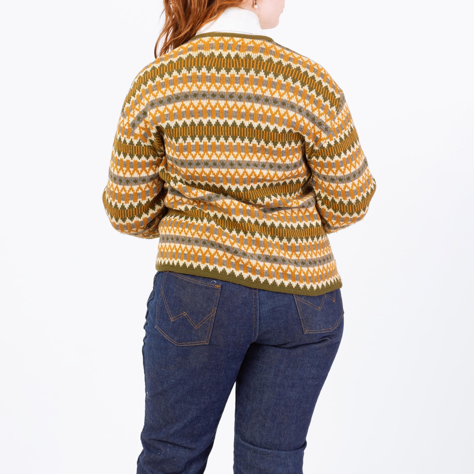 Vintage 60s Aspen Skiwear Fair Isle Cardigan - Medium | Geometric Striped Wool Knit Button Up Sweater