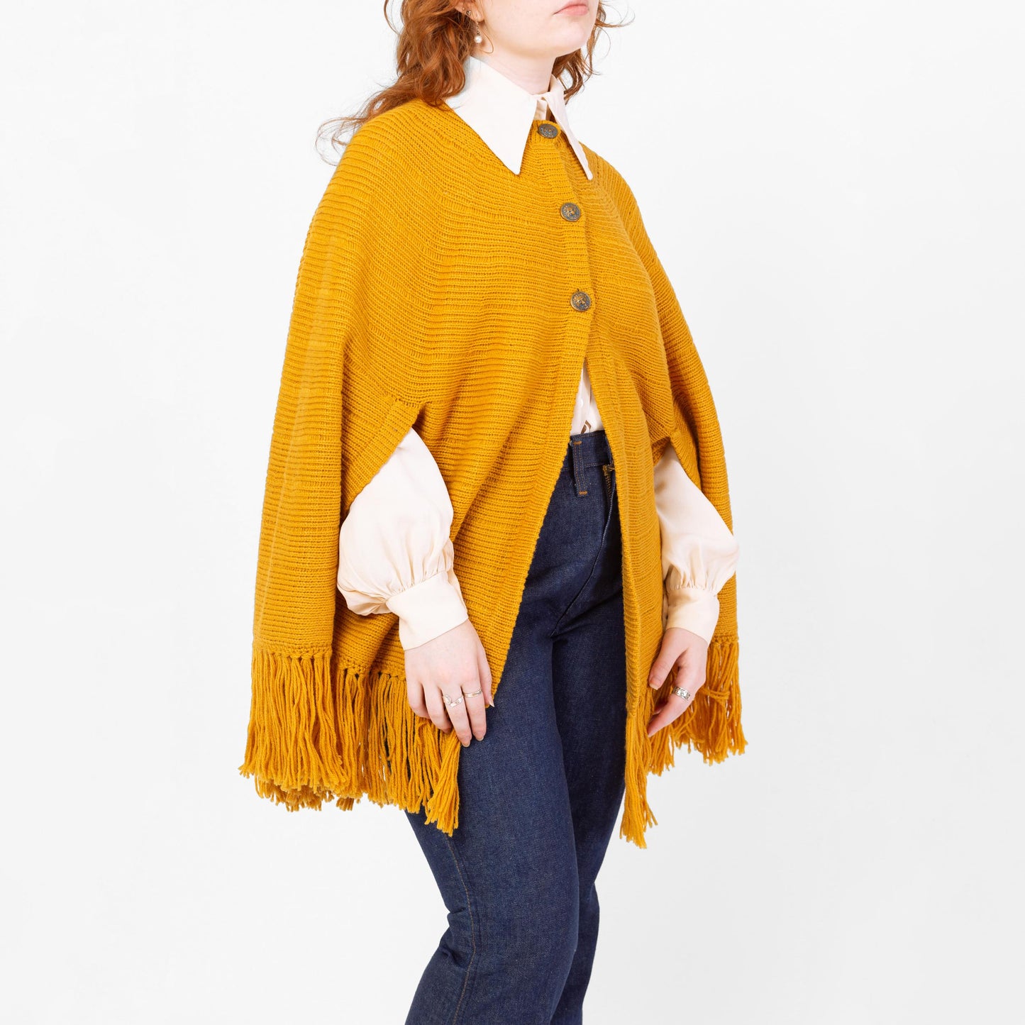 Vintage 70s Boho Mustard Yellow Knit Cape - One Size | Button Up Fringe Poncho Jacket