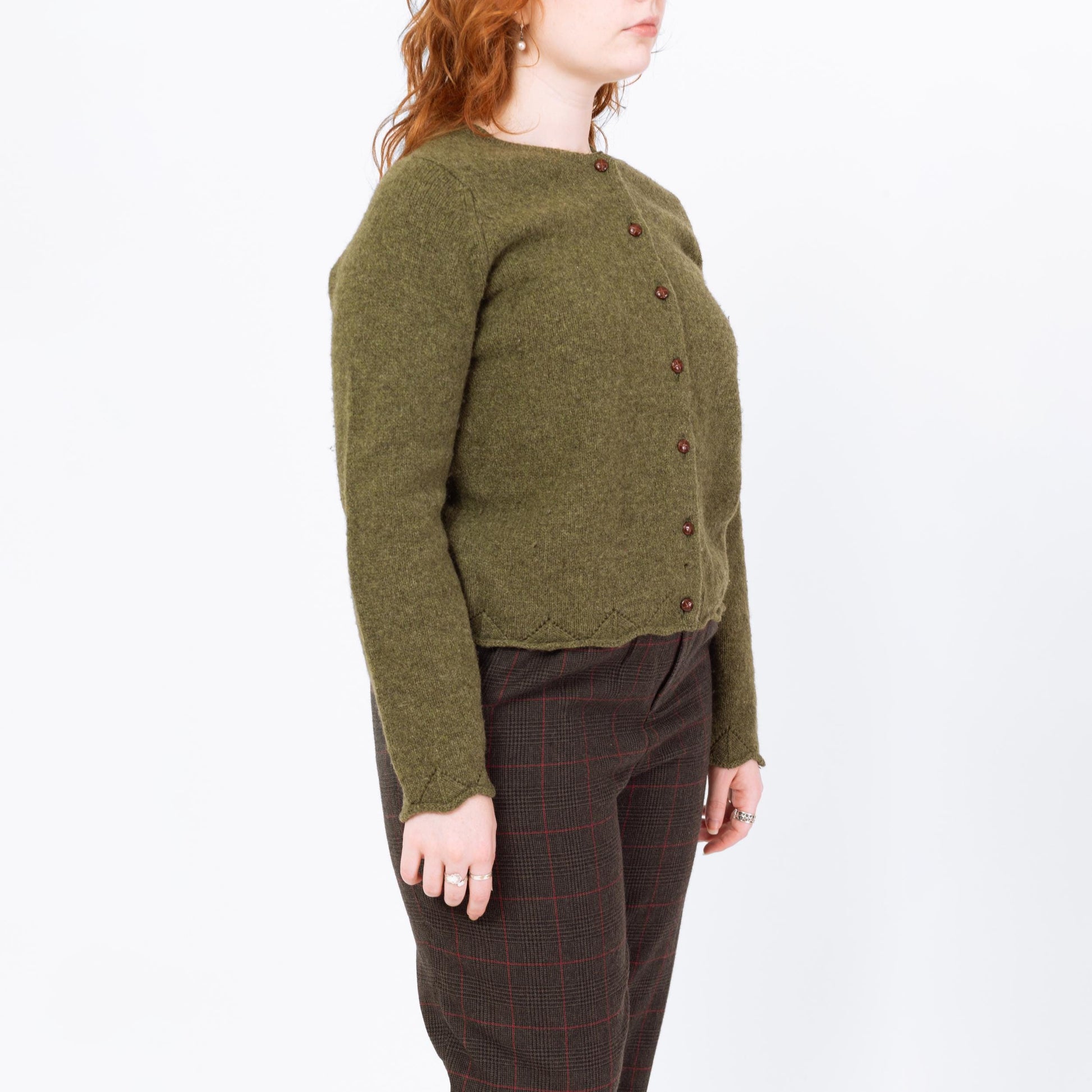 Vintage 90s L.L. Bean Olive Green Wool Knit Cardigan - Large | Scalloped Button Up Cropped Sweater