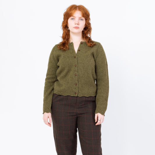 Vintage 90s L.L. Bean Olive Green Wool Knit Cardigan - Large | Scalloped Button Up Cropped Sweater