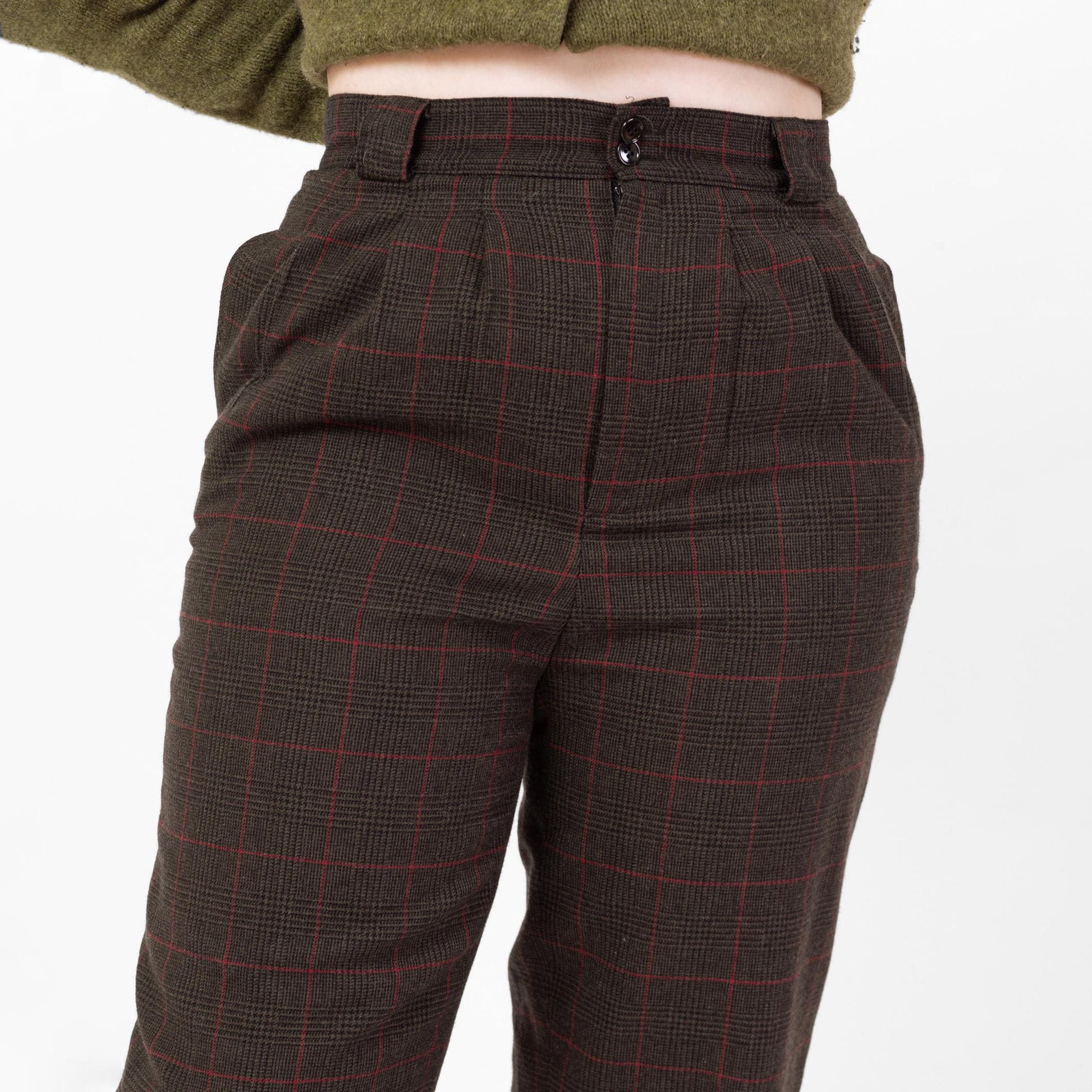 Vintage 80s Dark Grey Plaid Wool Cropped Trousers - Large, 31.5" Waist | Retro High Rise Capris Ankle Pants
