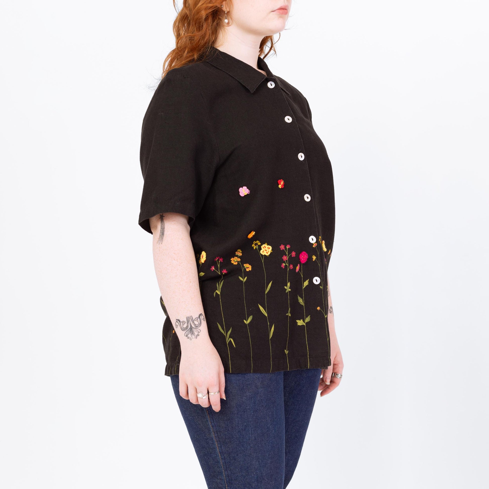 Vintage 90s Black Painted Wildflower Floral Blouse - Large | Boho Short Sleeve Linen Button Up Collared Top