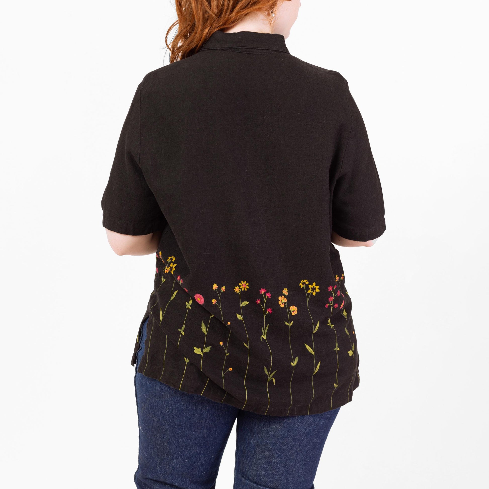 Vintage 90s Black Painted Wildflower Floral Blouse - Large | Boho Short Sleeve Linen Button Up Collared Top