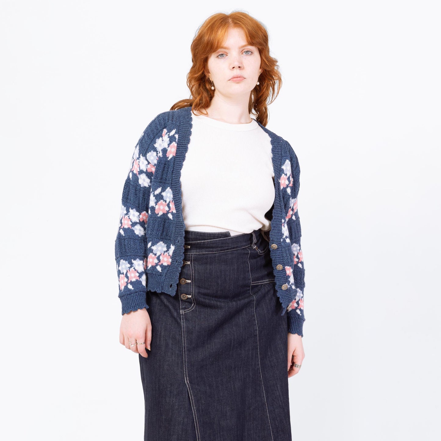 Vintage 90s Blue Floral Fair Isle Knit Cardigan - Large | Cropped Cotton Button Up Sweater