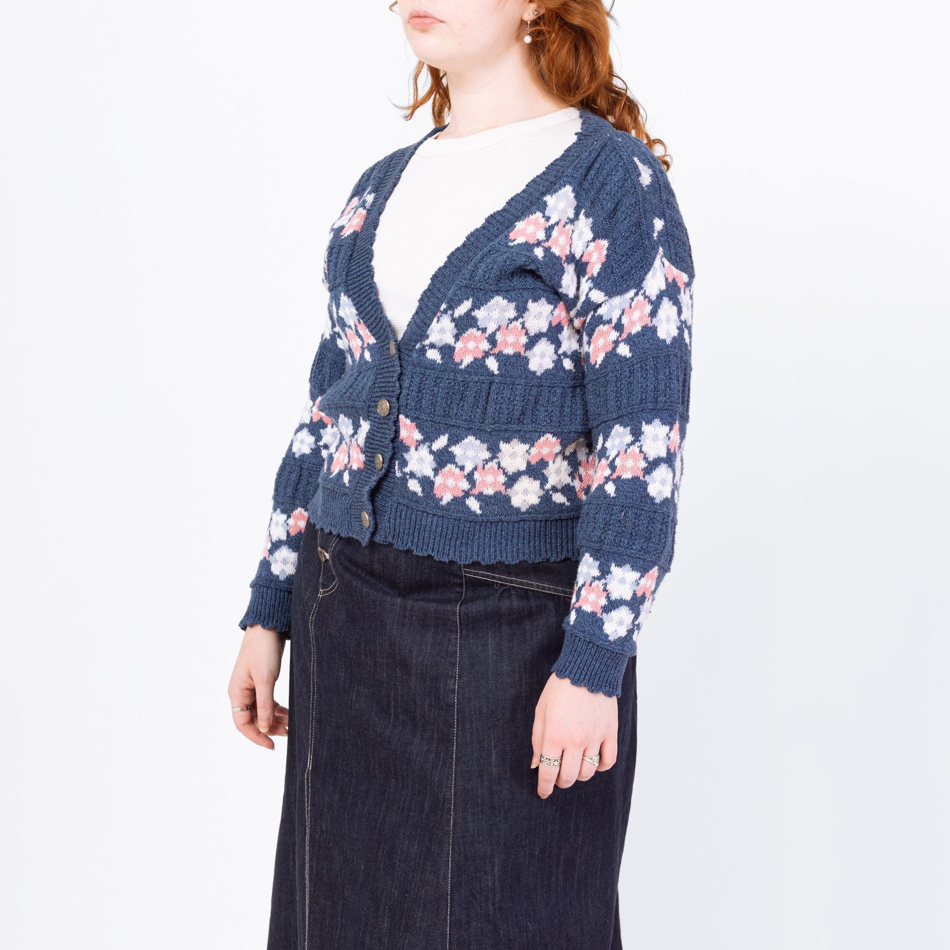 Vintage 90s Blue Floral Fair Isle Knit Cardigan - Large | Cropped Cotton Button Up Sweater