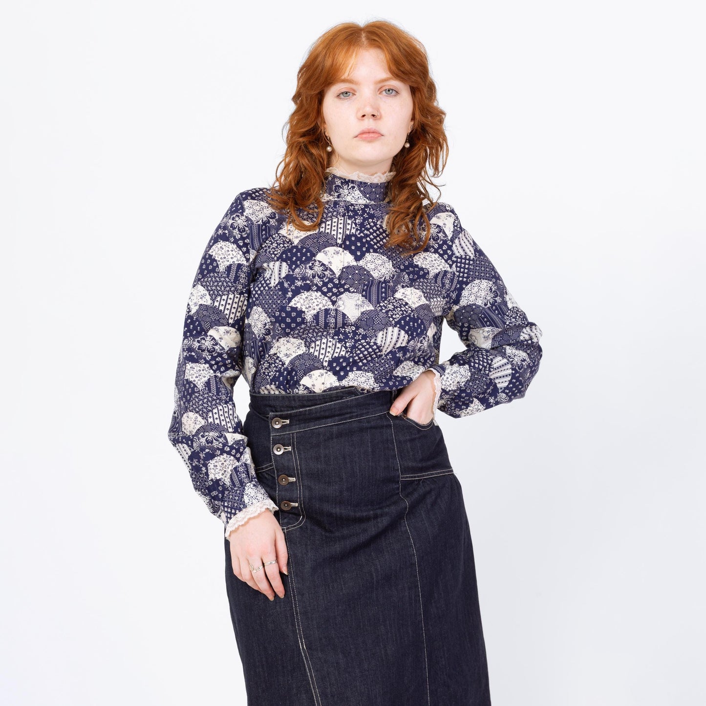 Vintage 70s Fish Scale Patchwork Print Blouse - Large | Blue & White Floral Button Back High Neck Folk Top