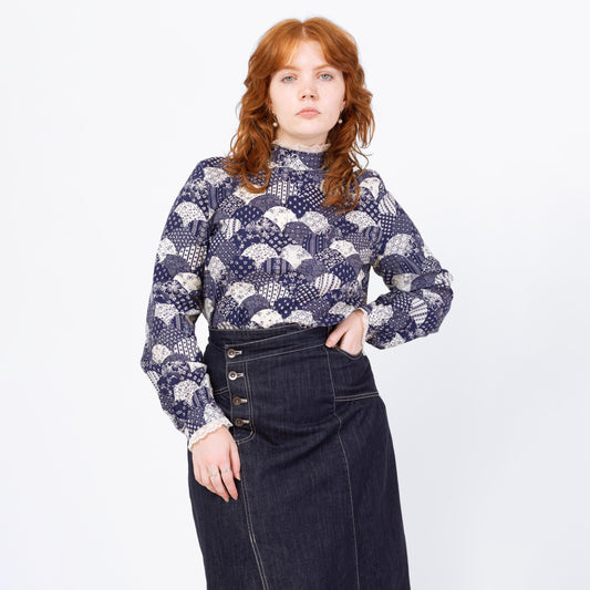 Vintage 70s Fish Scale Patchwork Print Blouse - Large | Blue & White Floral Button Back High Neck Folk Top