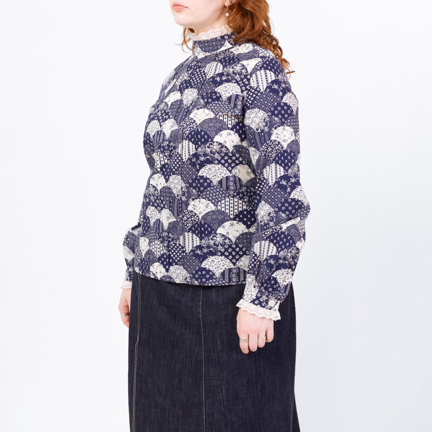 Vintage 70s Fish Scale Patchwork Print Blouse - Large | Blue & White Floral Button Back High Neck Folk Top
