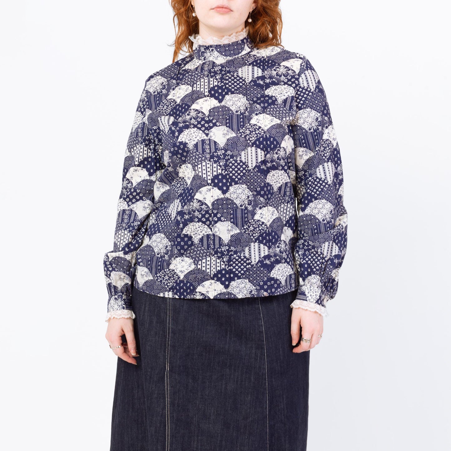 Vintage 70s Fish Scale Patchwork Print Blouse - Large | Blue & White Floral Button Back High Neck Folk Top