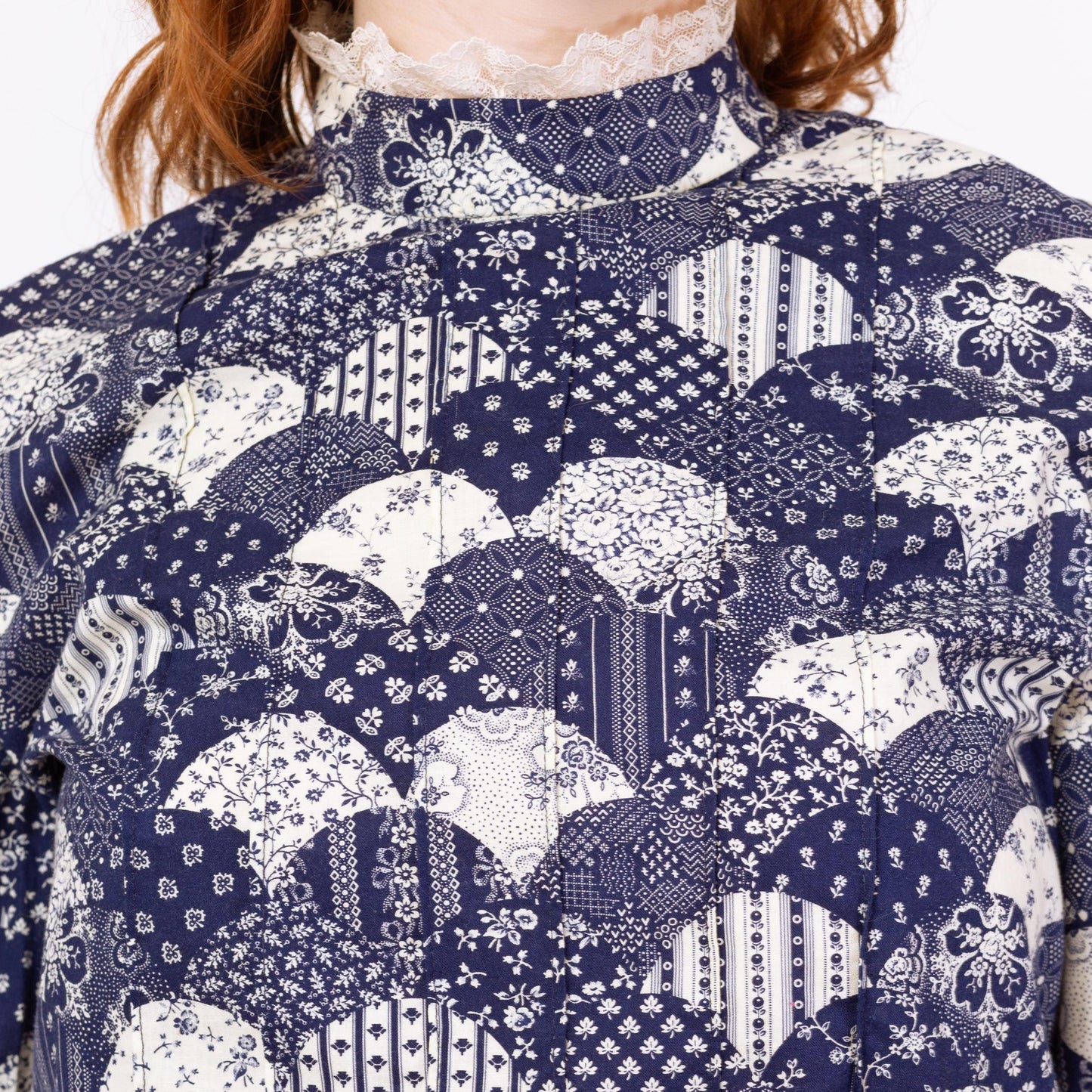 Vintage 70s Fish Scale Patchwork Print Blouse - Large | Blue & White Floral Button Back High Neck Folk Top