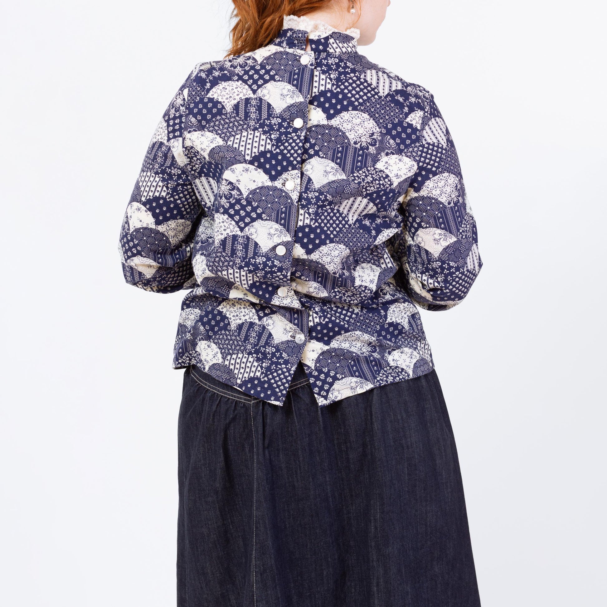 Vintage 70s Fish Scale Patchwork Print Blouse - Large | Blue & White Floral Button Back High Neck Folk Top