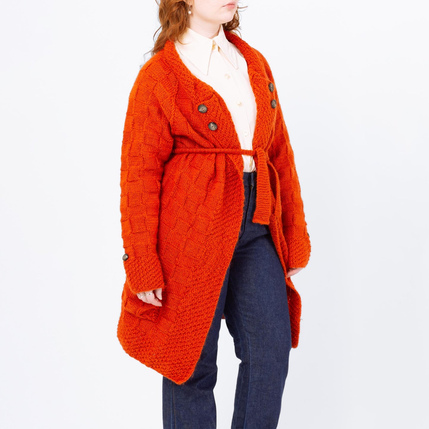 Vintage 70s Orange Thatched Knit Long Cardigan - Medium | Belted Open Fit Chunky Sweater