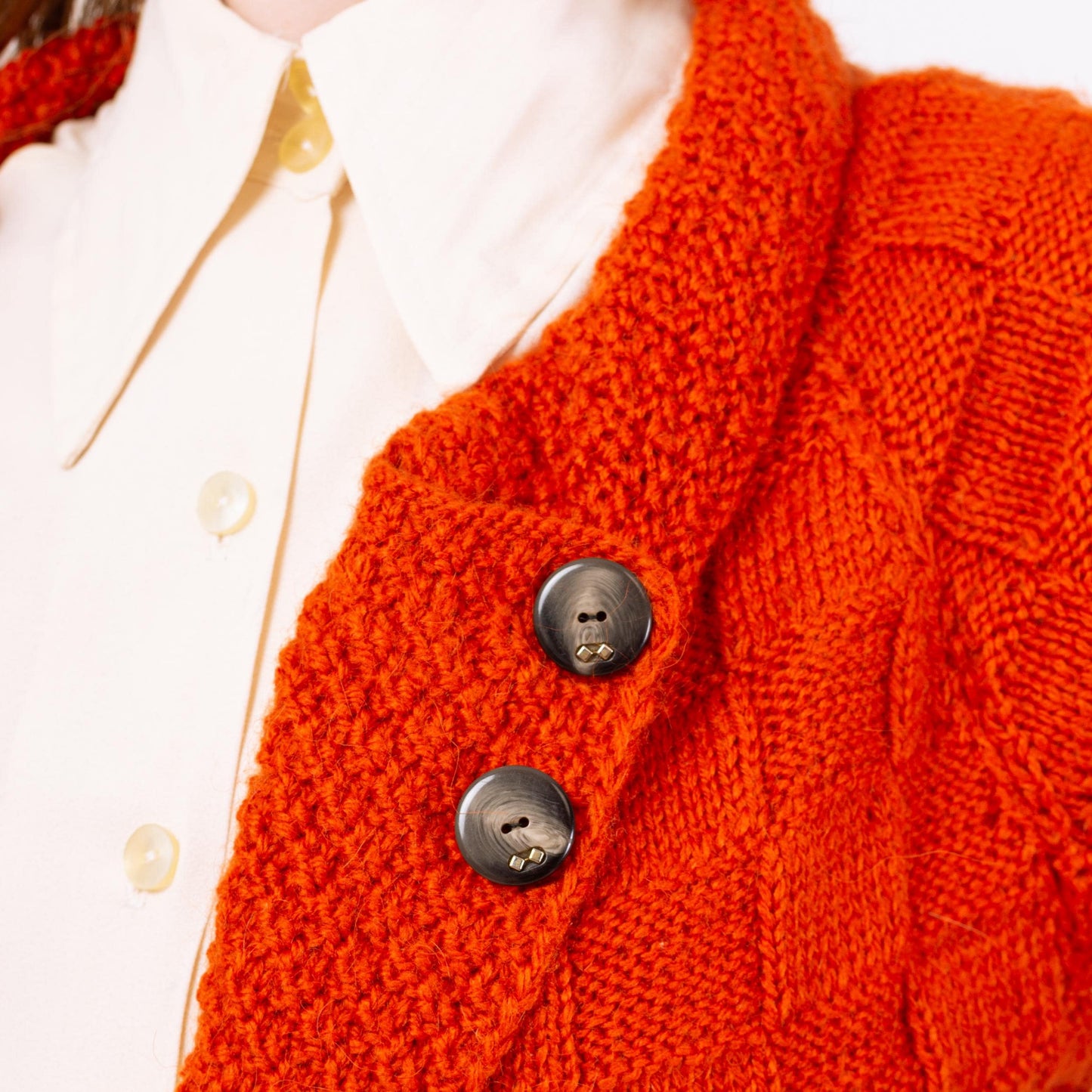 Vintage 70s Orange Thatched Knit Long Cardigan - Medium | Belted Open Fit Chunky Sweater