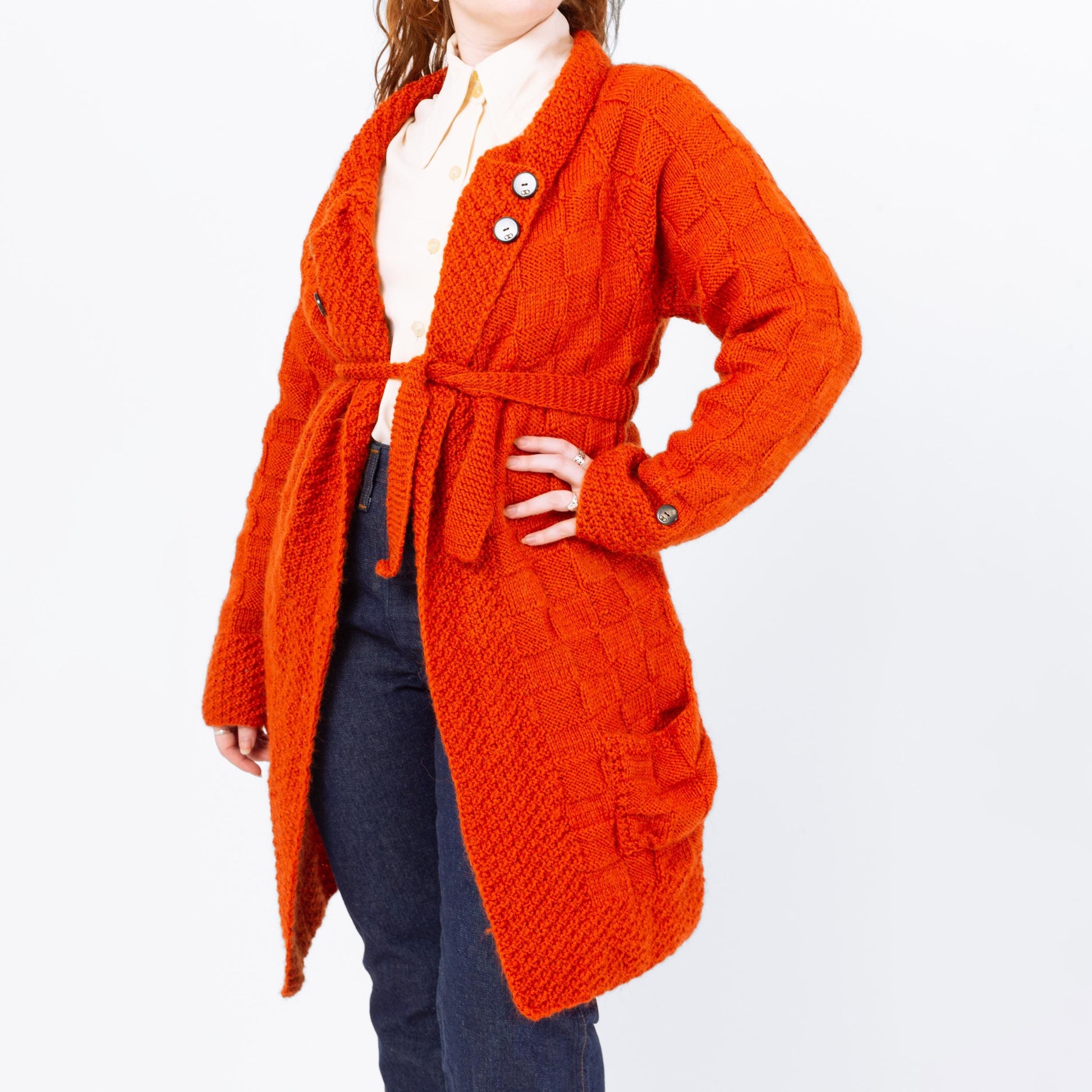 Vintage 70s Orange Thatched Knit Long Cardigan - Medium | Belted Open Fit Chunky Sweater