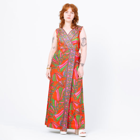 Vintage 60s 70s Psychedelic Tulip Print Maxi Dress - Medium | Boho Red Orange Floral Sleeveless Hostess Party Gown
