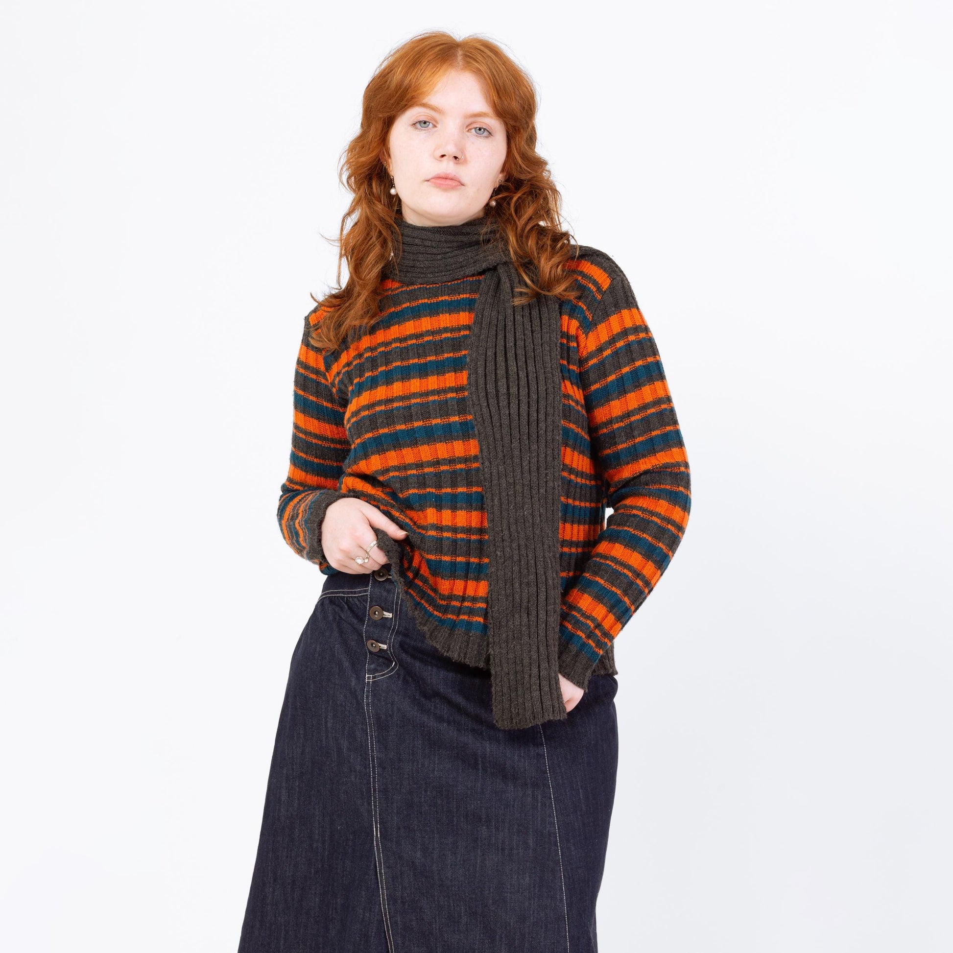 Vintage 90s Built-in Scarf Neck Striped Knit Sweater - Medium | Orange & Grey Slouchy Long Sleeve Pullover