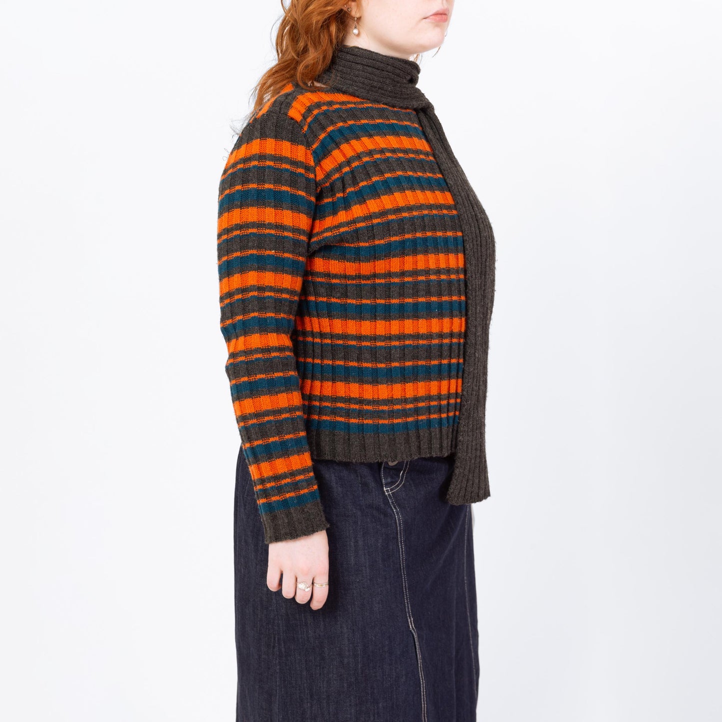 Vintage 90s Built-in Scarf Neck Striped Knit Sweater - Medium | Orange & Grey Slouchy Long Sleeve Pullover