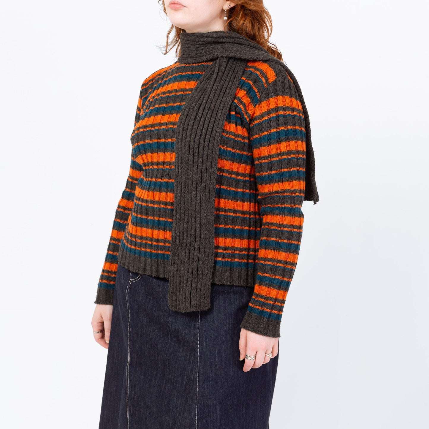 Vintage 90s Built-in Scarf Neck Striped Knit Sweater - Medium | Orange & Grey Slouchy Long Sleeve Pullover